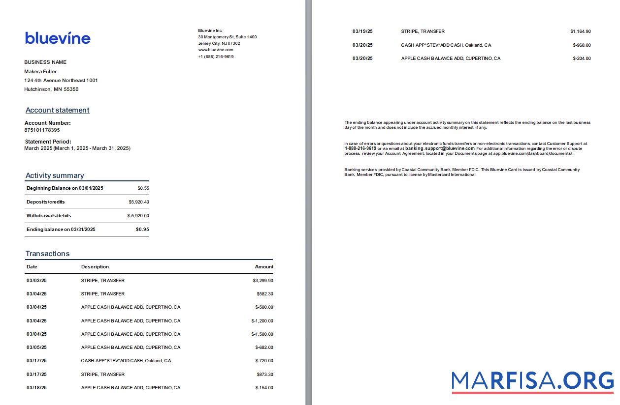 Printable USA New Jersey Bluevine bank st, 3 pages, 1 2p example